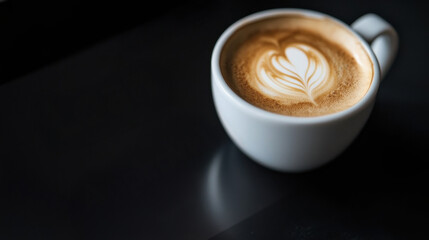 A white coffee cup with heart-shaped latte art rests on a dark surface.