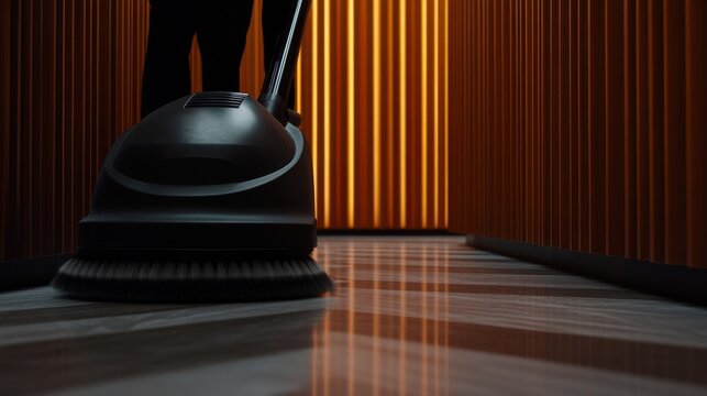 A person uses a black vacuum cleaner to clean a shiny floor in a bright, modern hallway lined with warm-toned wooden panels.