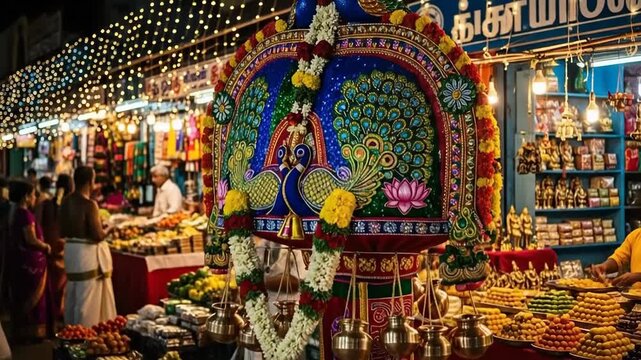 Colorful Kavadi Aatam Decorated for Thaipusam Festival Featuring Murugan Symbols and Vibrant Flowers