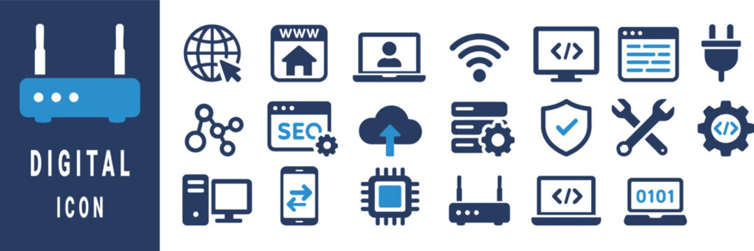 Collection of blue and white digital technology icons on dark blue background computer network