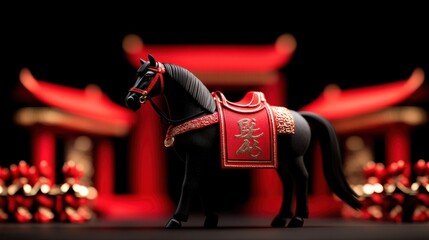 A black horse figurine with a red and gold saddle stands against a backdrop of red and gold decorative structures, creating a festive ambiance.
