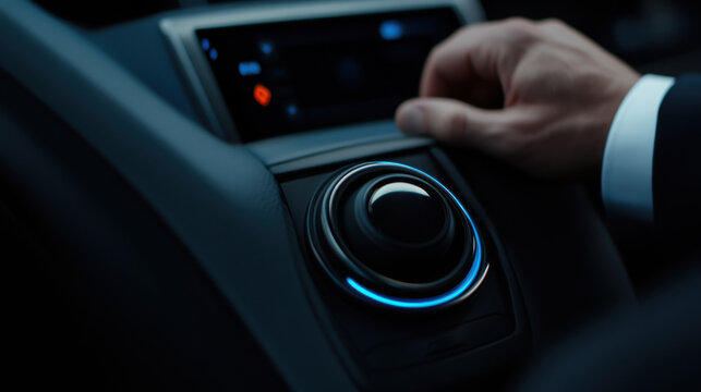 A close-up of a hand adjusting a circular control knob on a car's dashboard, featuring a softly illuminated ring and a digital display in the background.