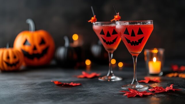 Two Halloween cocktails with smiling jack-o'-lantern designs are placed on a dark table adorned with autumn leaves, lit candles, and decorative pumpkins.