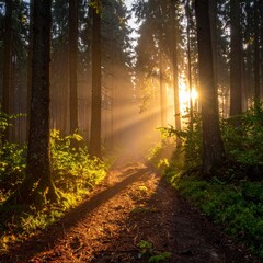 Fototapeta premium Sunlit Path Through the Forest - A Serene Woodland Scene.