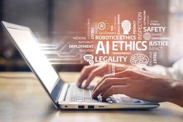 This image illustrates the concept of artificial intelligence ethics with hands typing on a laptop, surrounded by words representing key aspects of AI ethics and technology. Tessel