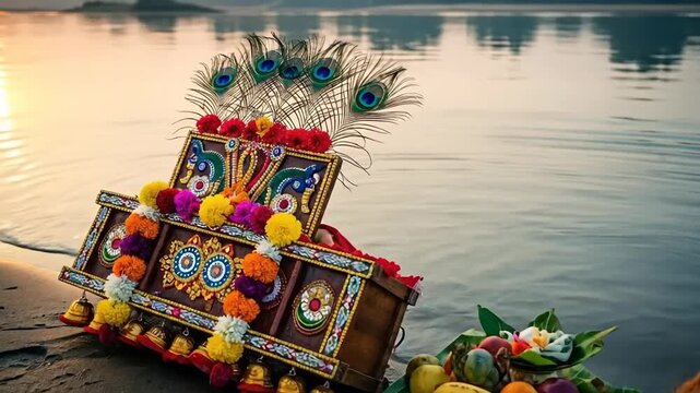Decorative Kavadi Aatam Ornament with Murugan Symbols, Peacocks, and Bright Flowers for Thaipusam Festival