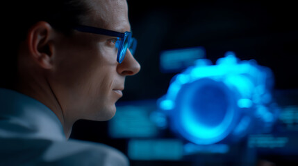 Side profile of a man wearing blue glasses focused on a futuristic holographic interface displaying a glowing blue mechanical object with digital data in a dark environment