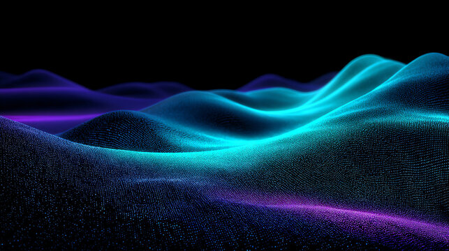 A digital wave landscape composed of glowing blue and purple particles forming smooth, undulating hills against a dark background, evoking futuristic technology and data visualization