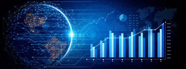 A stunning digital representation of Earth featuring bar graphs and analytical trends, showcasing global data visualization in technology and business growth sectors. Scalp