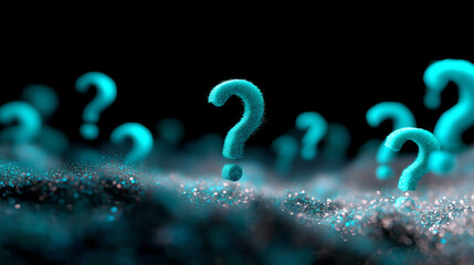 Floating blue question marks above a sparkling surface on a black background, representing curiosity, mystery, and inquiry in a digital or abstract environment