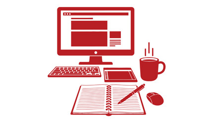 Illustration of workspace with computer and notebook for design