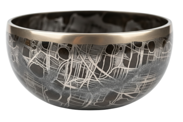 Metal singing bowl for meditation with gold rim and etched patterns isolated with transparent background