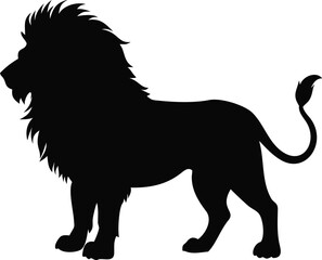 A majestic black silhouette of a male lion standing in a powerful pose