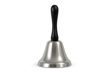 A shiny silver metal handbell with a traditional black turned handle is presented in a clean, minimalist style, symbolizing a call for service or an important announcement