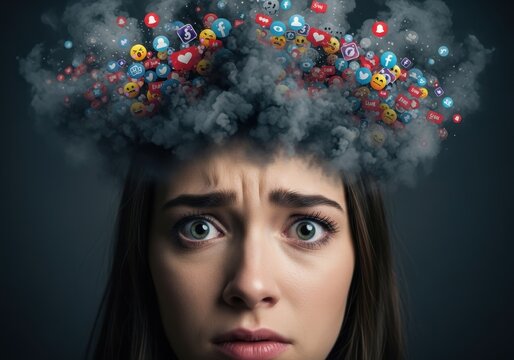 Woman overwhelmed by social media notifications and icons exploding from her head, symbolizing information overload and digital stress