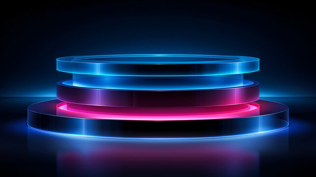 Futuristic glowing rings stacked in a sleek digital platform, featuring neon blue, purple, and pink hues. Ideal for tech branding, UI design, or innovation-themed visuals.