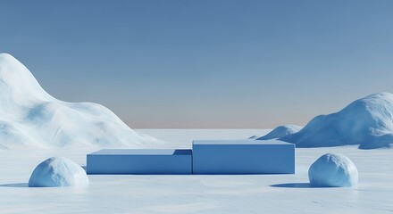 Minimal blue podium on snow ground with iceberg background for product display