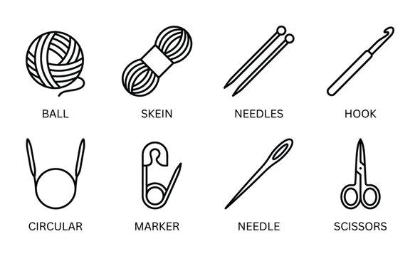 Crafting supplies, yarn, knitting needles, crochet hook, stitch marker, sewing scissors vector