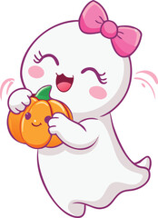 A happy little ghost character lovingly embraces a vibrant orange pumpkin with a