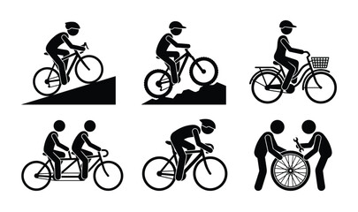 Obraz premium Cyclists engaging in various biking activities including mountain biking, leisure riding, tandem biking, and bicycle repair.