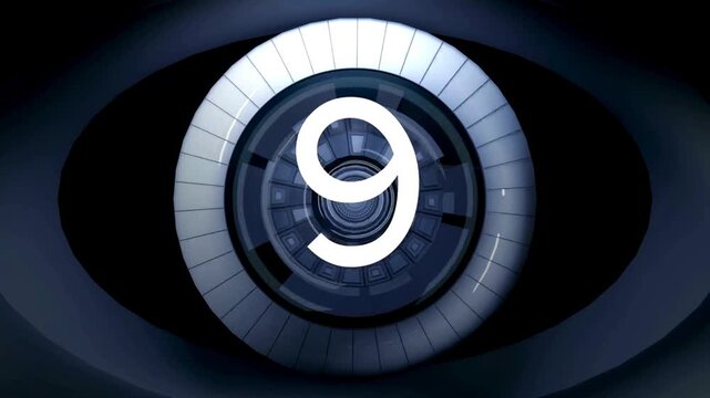 Futuristic blue mechanical eye countdown animation from ten to one with rotating iris and shutter elements for broadcast openers and sci fi security themes