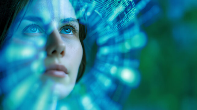 Close-up of a woman’s face looking upward with blue digital data and light effects surrounding her, symbolizing technology, innovation, and futuristic concepts