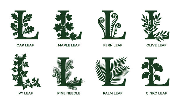 Decorative letter l with oak maple fern olive ivy pine palm ginko leaf designs