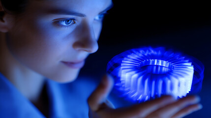 A focused woman examines a glowing blue mechanical or technological object, highlighting innovation and futuristic design in a dark, high-tech environment