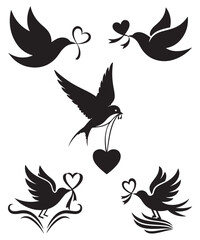 Fototapeta premium Valentine Day Dove Heart Silhouette Set for Romantic Designs.