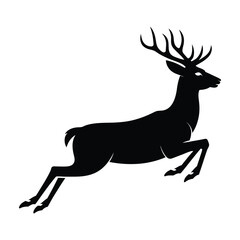 Fototapeta premium Black silhouette of a majestic deer with impressive antlers, captured midleap, symbolizing speed, agility, and wild nature, isolated on
