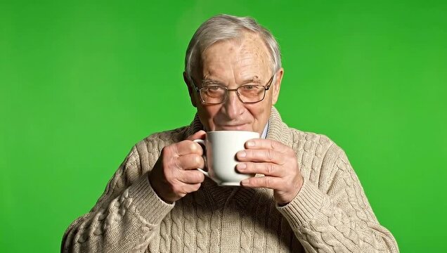 Elderly man drinking hot beverage on green screen.