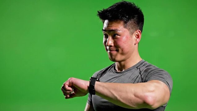 Young Asian man checking his smartwatch on a green screen. - Powered by Adobe
