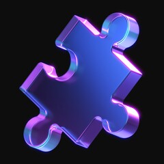 3d rendering of glowing puzzle in the dark. 3d icon with neon retro light. 3d illustration with glass gradient material	
