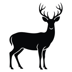 Fototapeta premium Black silhouette of a majestic deer with large antlers, standing gracefully and looking forward, isolated on