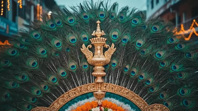 Decorative Kavadi Aatam with Peacock Feathers and Ornamental Murugan Icon for Thaipusam Festival Celebration