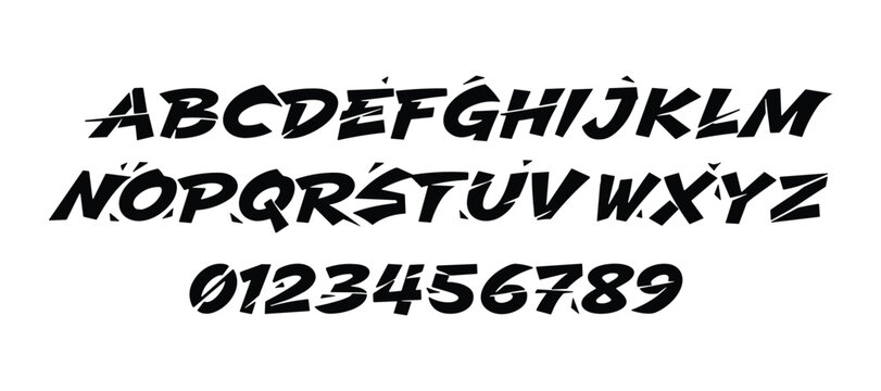 Dynamic alphabet with sharp cuts. Modern font design. Stylish typeface for creative projects. Bold letters and numbers.
