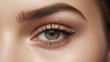 Obraz premium Glimmering Gaze. A CloseUp of an Eye with Golden Eyeshadow and Defined Lashes.