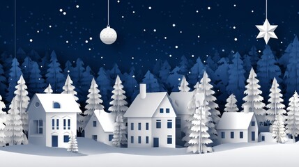 Naklejka premium Christmas holiday village landscape background in paper cut style with snowy houses