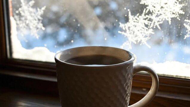 Steaming hot coffee mug by a frosty window on a cold winter day.