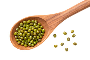 Mung beans in wooden spoon isolated on white background