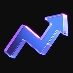 3d rendering of glowing growth arrow in the dark. 3d icon with neon retro light. 3d illustration with glass gradient material	