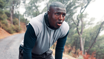 Tired, outdoor and black man with training, breathing and hobby with wellness, rest and cardio....