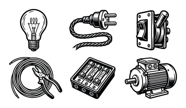 Electrical equipment set, light bulb, electric plug, switch, electric cable, fuses, electric motor isolated