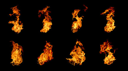 Collection of realistic fire flames isolated on black background, perfect for digital art, design and visual effects. Ideal for explosion scenes burning energy visuals or cinematic action compositions