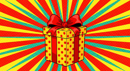 Gift Box with Red Bow on Pop Art Background present