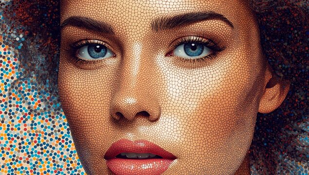 Mosaic Portrait, Dreamy Eyes Interplay of Texture and Color, Abstract Beauty, Artistic Vision. - Powered by Adobe