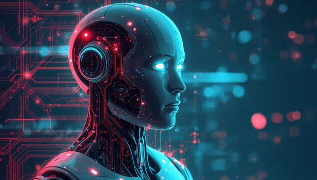 Cybernetic Gaze. A Robotic Portrait in Electric Blue and Crimson Hues, Close Up.