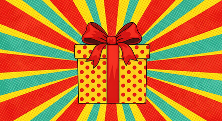 Yellow Gift Box with Red Polka Dots and Bow on Sunburst Background