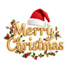 Merry Christmas message in golden text with Santa hat and festive holly leaves and berries on white background