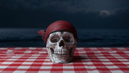Skull on Checkered Tablecloth by the Sea. A Study in Contrasts, Textures, and Colors.